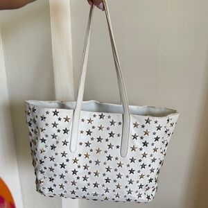 Jimmy Choo White Leather Gold, Silver, Gunmetal Star Studded Tote Bag
